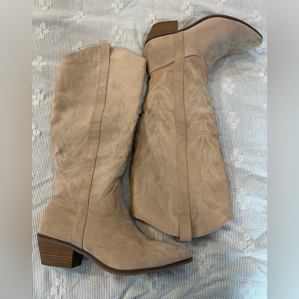 Target Universal Thread beige suede knee high cowboy boots